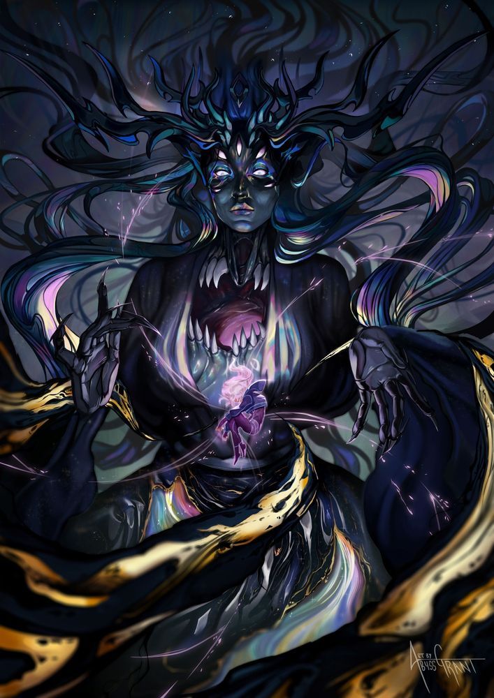 Neith, Opener of Ways Digital Art 2025 She's a dark, towering figure, all long limbs and flowing robes. Horns like a crown burst from her head, emerging from inky hair that trails off into nothingness. She has multiple, spider-like eyes, strikingly pale against her oil-slick skin. She has a gaping maw revealed under the robes with sharp, white teeth. She looks larger than life and strikingly inhuman. In front of her is another character curled up and floating in a serene state. The entire image has an oil sheen motif and inky oil features. Commissioned on Tumblr 