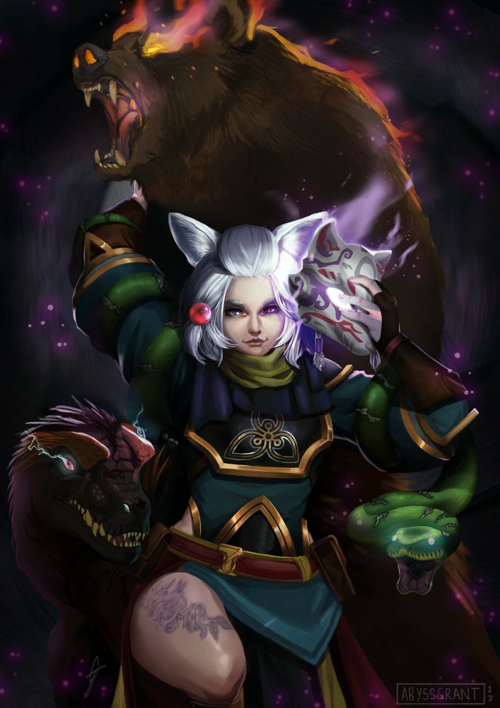 Yuki, Kitsune Beast Master Digital Art 2023 A half-body commission of a female fox character. She poses with one arm up gripping a bear spirit behind her, a green constrictor snake spirit wraps around the arm and behind her to her left. Behind her back a velociraptor spirit glares at the POV. She has white hair and white fox ears and a red glass bead in the hair. She has a black and red eye and holds a ceremonial mask in her left hand. 