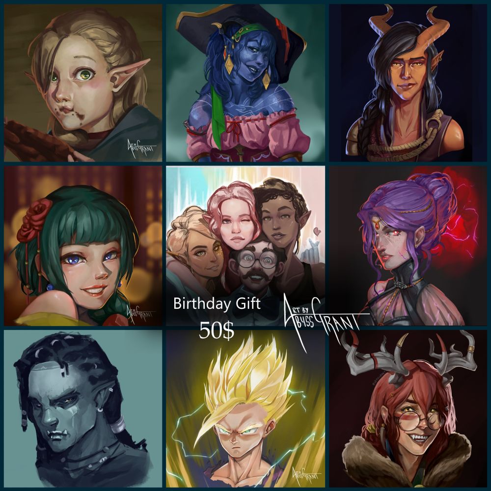 A grid of nine portraits done by AbyssGrant.

A special discount $50 bust portrait is available to buy for your characters or any other fanart you want.