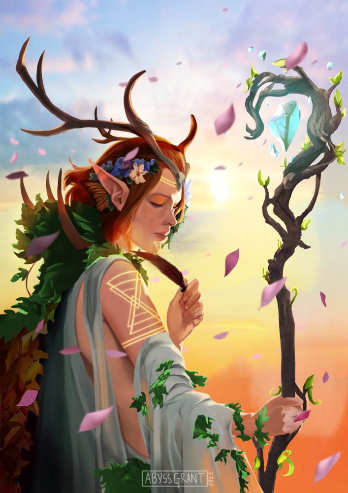 Archdruid Keyleth 2023

Digital art of Keyleth of Vox Machina during the end ritual of her  Aramenté to become an Archduid of the Ashari.

She has short hair, and a full antler headdress. She wears a long flowing white robe and her mantle of leaves on her back. In her hands is a gnarled yet beautiful looking staff, and a single crow feather held to her chin.

The background shows a sunset high up on the mountains of the Air Ashari and a field of pink petals fly through the air on the wind.
