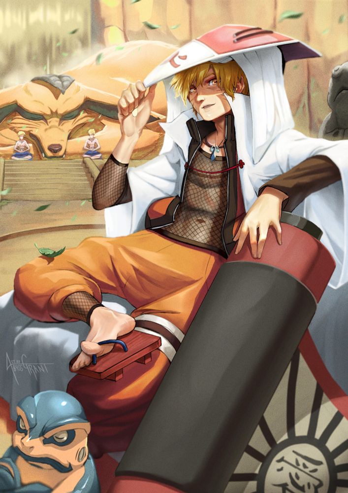 Sage Mode Hokage Naruto 
Digital Art 2025

An anime/semi-realistic drawing of Naruto Uzumaki sitting in Mount Myoboku in front of the waterfall. He holds a Hokage cap on his head and looks towards the camera. His jacket is open showing a crystal necklace. A big red scroll unfurls next to him and the frog scroll summon Gerotora sits in front of him.

In the background 2 Naruto clones sits and meditates, and behind them is a sleeping Kurama, water reflecting on his lower side.
