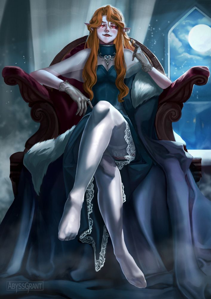 Lenore from Castlevania sits on an ornate chair, cross legged towards the POV, looking down smugly and mischievous 