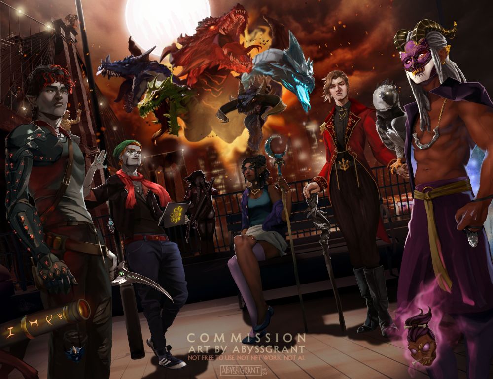 Tyranny of Dragons Party Commission
Digital Art

A group artwork showing 5 Dungeons and Dragons characters standing in the foreground with a 6th standing in the background facing away. They're standing close to a bridge similar to the Brooklyn Bridge in the Dimension 20's setting. 

In the far background, a fiery portal is open with a gigantic 5 headed dragon breaaching it into the skyline.