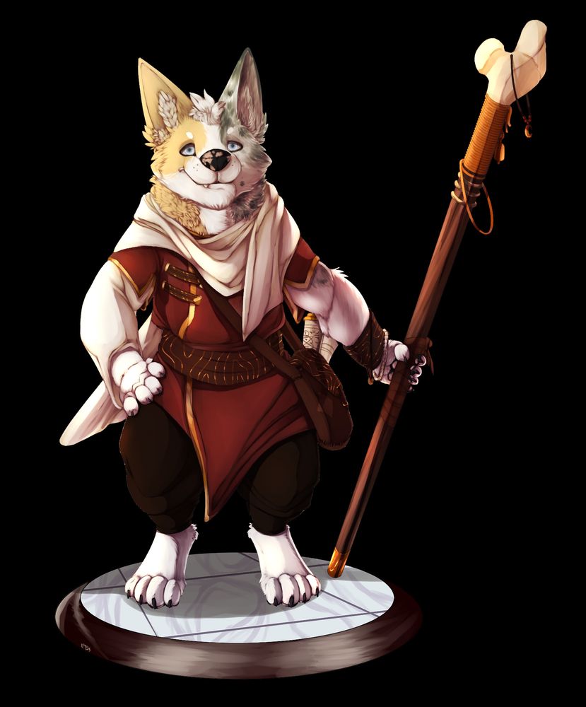 A D&D cleric, fey corgi, with mixed welsh and pembroke colors in monastic garb with a bone tipped staff. His name is Angus McFergus.