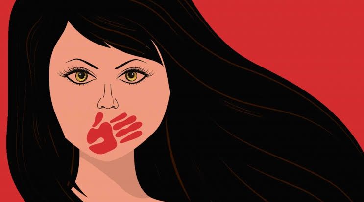 Drawing on a red background of an Indigenous person with long hair and a red hand painted over their mouth. 