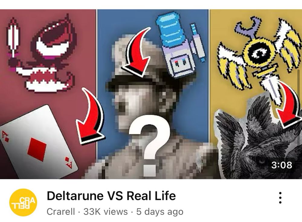 Deltarune Vs Real Life video where Rudinn Ranger is a red diamond ace, winglade is a biblical angel and watercooler points to a pixel blurred Hitler