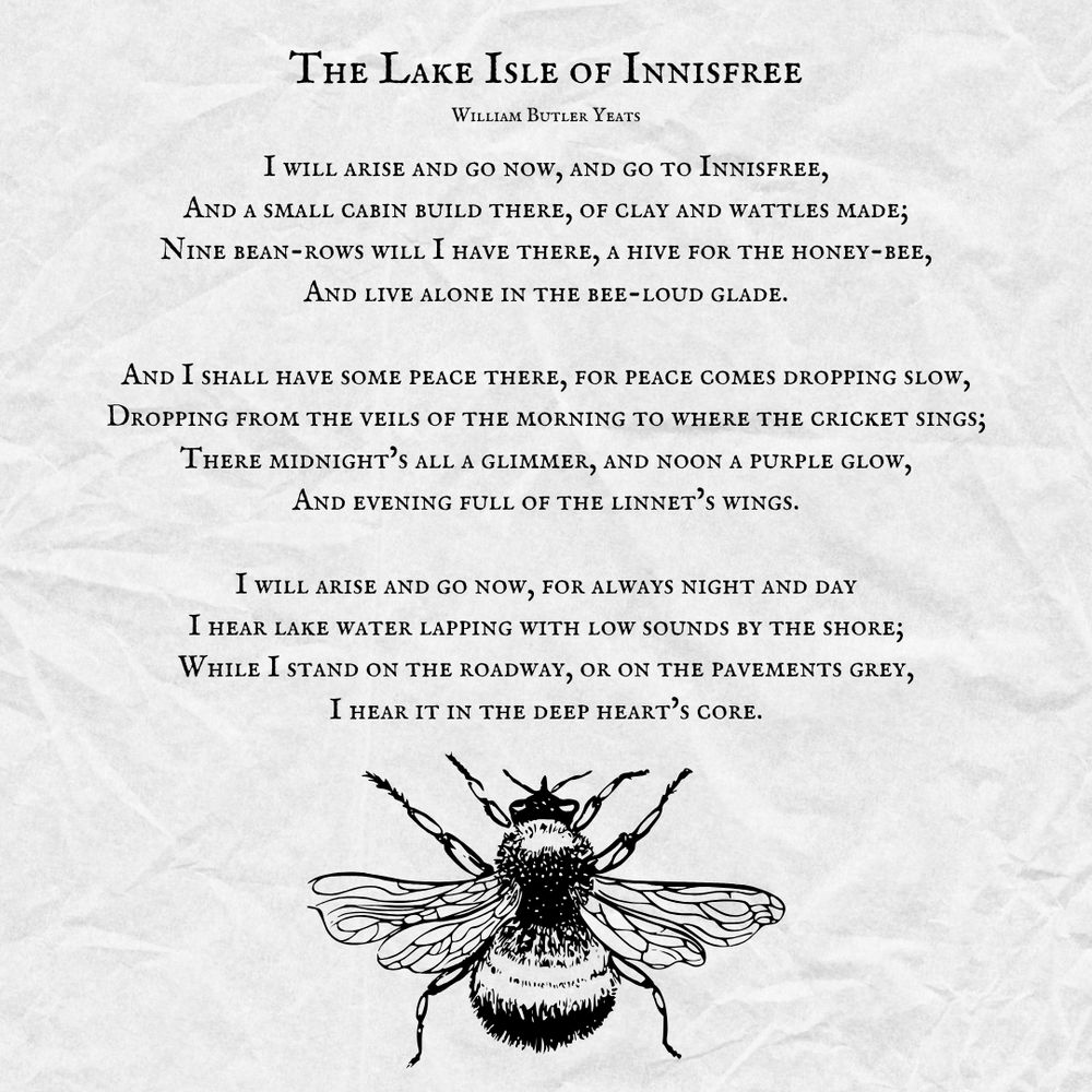 The Lake Isle of Innisfree
William Butler Yeats

I will arise and go now, and go to Innisfree,
And a small cabin build there, of clay and wattles made;
Nine bean-rows will I have there, a hive for the honey-bee,
And live alone in the bee-loud glade.

And I shall have some peace there, for peace comes dropping slow,
Dropping from the veils of the morning to where the cricket sings;
There midnight’s all a glimmer, and noon a purple glow,
And evening full of the linnet’s wings.

I will arise and go now, for always night and day
I hear lake water lapping with low sounds by the shore;
While I stand on the roadway, or on the pavements grey,
I hear it in the deep heart’s core.

[Illustration of a bee]