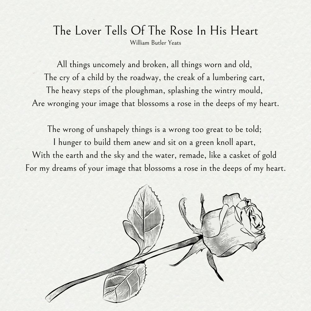 The Lover Tells Of The Rose In His Heart
William Butler Yeats

All things uncomely and broken, all things worn out and old,
The cry of a child by the roadway, the creak of a lumbering cart,
The heavy steps of the ploughman, splashing the wintry mould,
Are wronging your image that blossoms a rose in the deeps of my heart.
The wrong of unshapely things is a wrong too great to be told;
I hunger to build them anew and sit on a green knoll apart,
With the earth and the sky and the water, re-made, like a casket of gold
For my dreams of your image that blossoms a rose in the deeps of my heart.