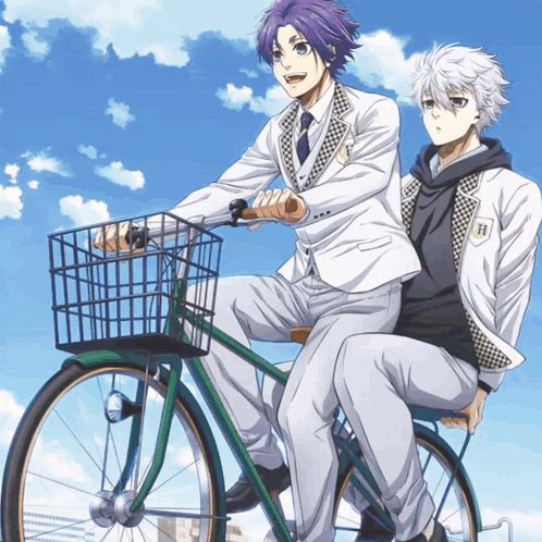 a boy with purple hair is riding a bike with another boy with white hair