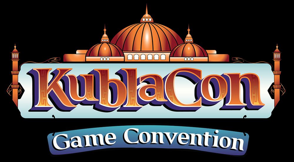 Logo for the KublaCon convention—several golden domed buildings with minarets, all over the KC name in gold.