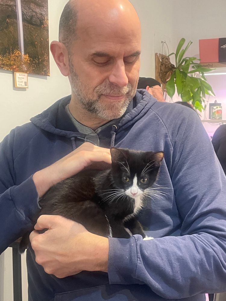 Photo of me holding a black tuxedo kitten