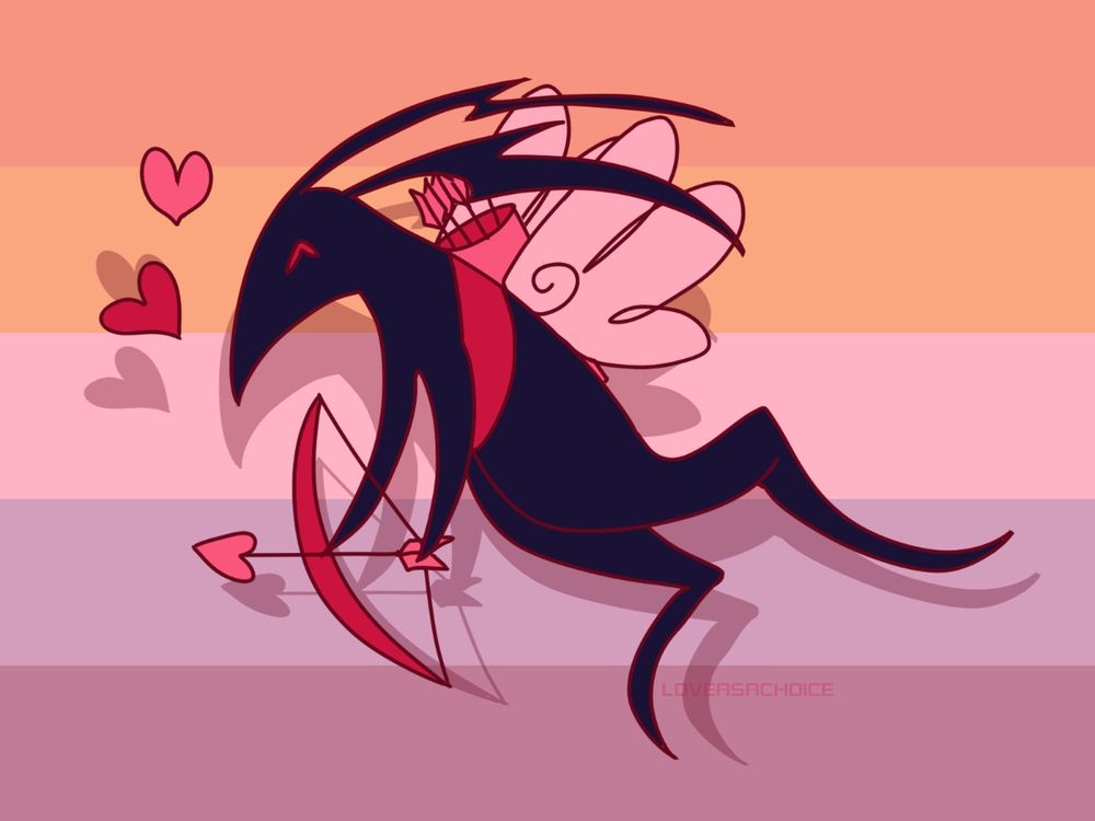 A Flood Unversed from Kingdom Hearts,  dressed in a sash with a quiver of arrows on his back.  He has a bow loaded with one arrow with a heart shaped tip.  He also has fluffy wings,  &  there are two hearts next to him.  Behind him is a subtle aroace pride flag.