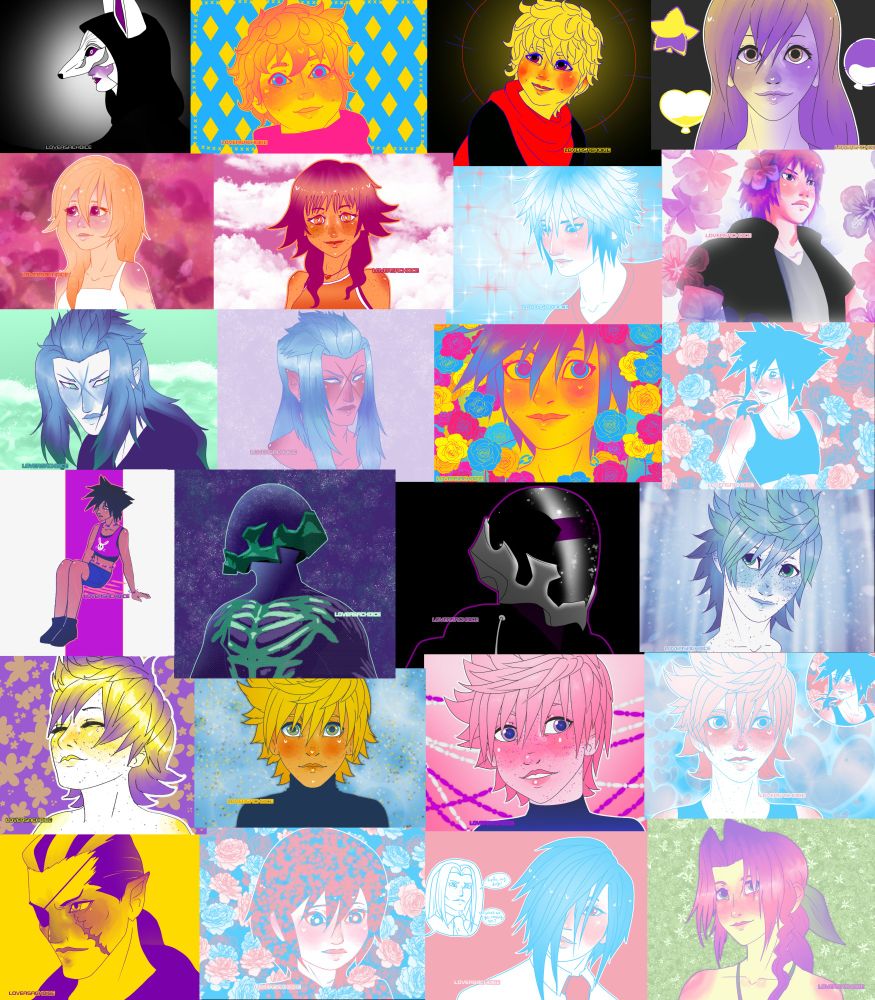 Kingdom Hearts characters drawn in the palettes of queer pride flags.
Row 1:   ace Master Ava,  pan Ephemer,  poly Ephemer,  nonbinary Kairi
Row 2:  lesbian Naminé,  lesbian Olette,  trans Riku,  genderfluid Riku
Row 3:  gay Saïx,  bigender Saïx,  pan Sora,  trans Vanitas
Row 4:  genderfluid Vanitas,  gay Vanitas,  demi Vanitas,  gay Ventus
Row 5:  nonbinary Ventus,  aroace Ventus,  genderfluid Ventus,  trans Ventus
Row 6:  intersex Xigbar,  trans Xion,  trans Zexion,  genderfae Aerith Gainsborough