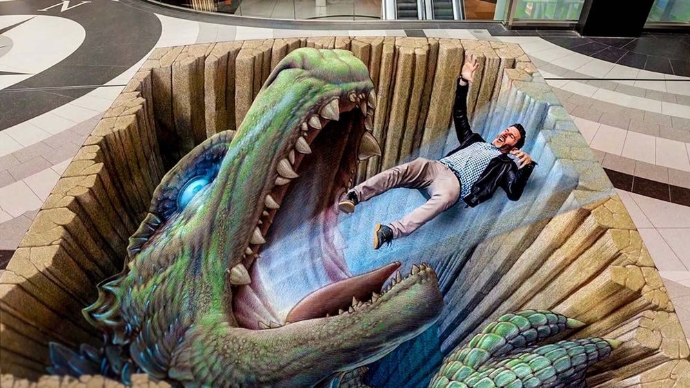 3d chalk art of a green T-Rex with blue eyes swallowing an actual man within the composition 
