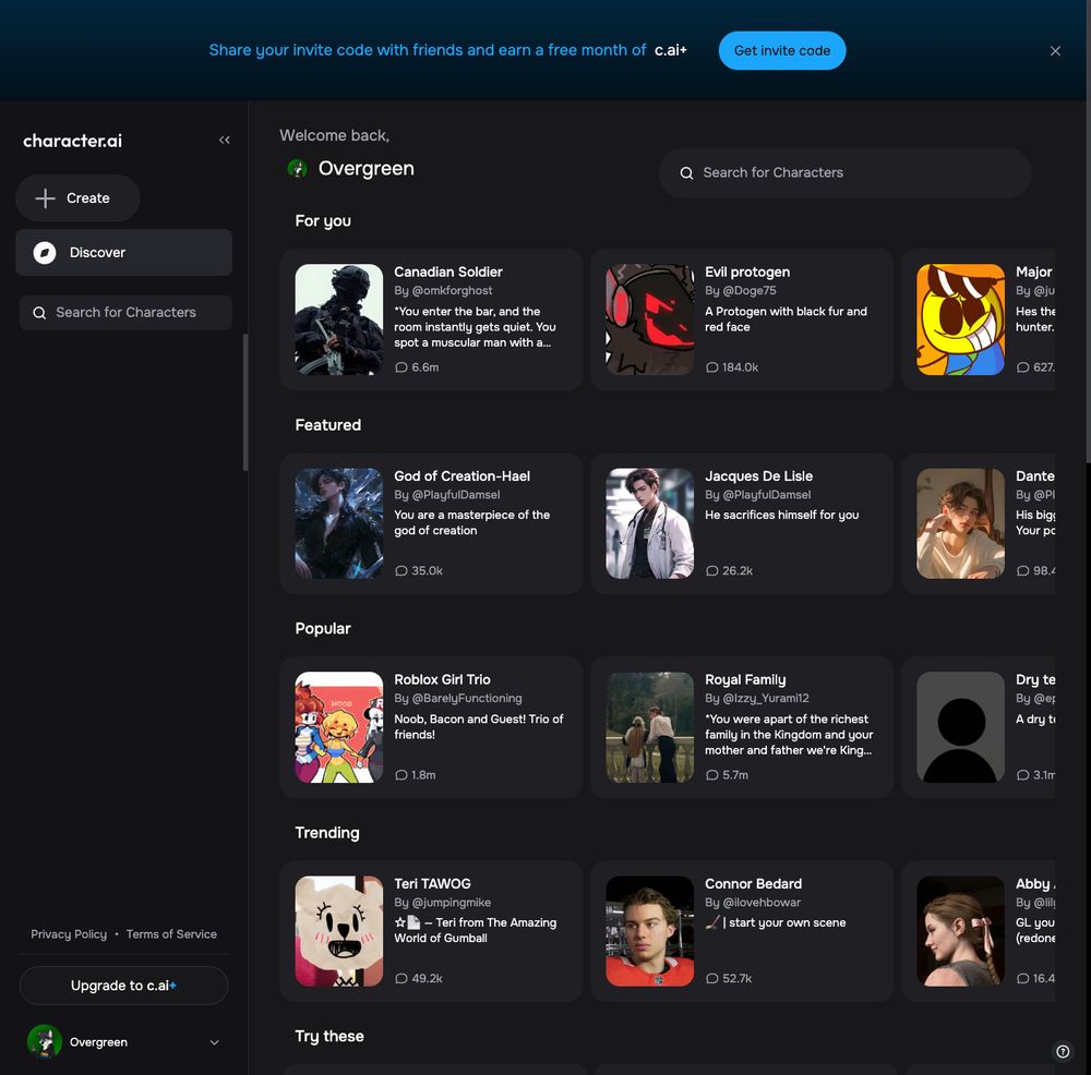 character.ai home page on March 14, 2025.