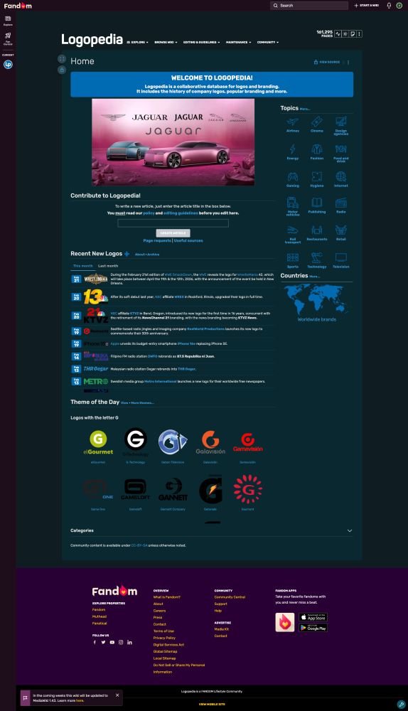 Current Logopedia main page on Fandom (dark mode)