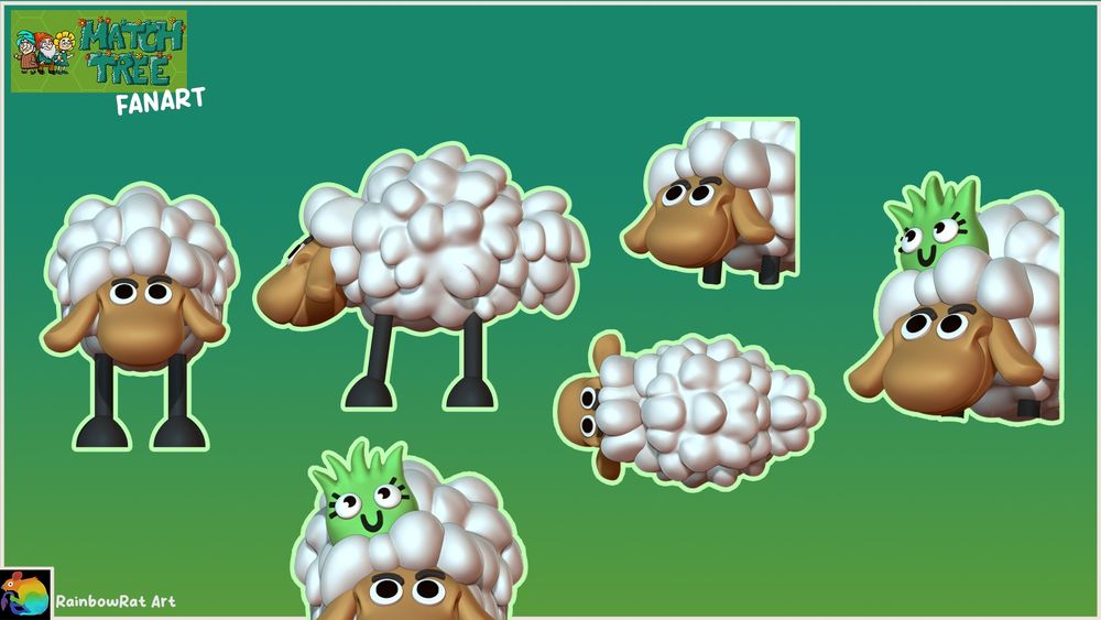 A rendering of a stylized sheep in zbrush from various angles. one has a little bush on it's head impersonating the artist DatGestrüpp