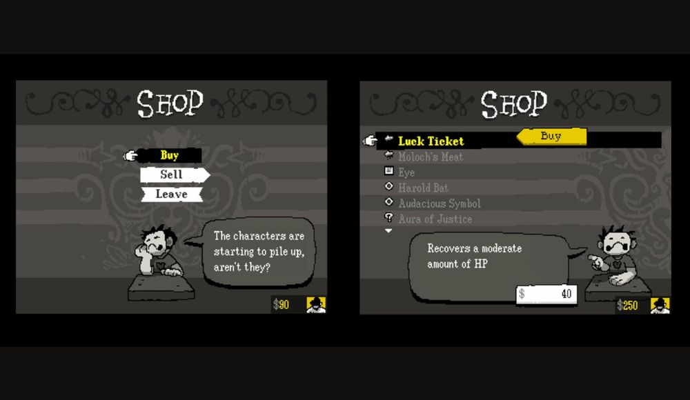 Screenshots of Zacharie's shop menu from the OFF remaster