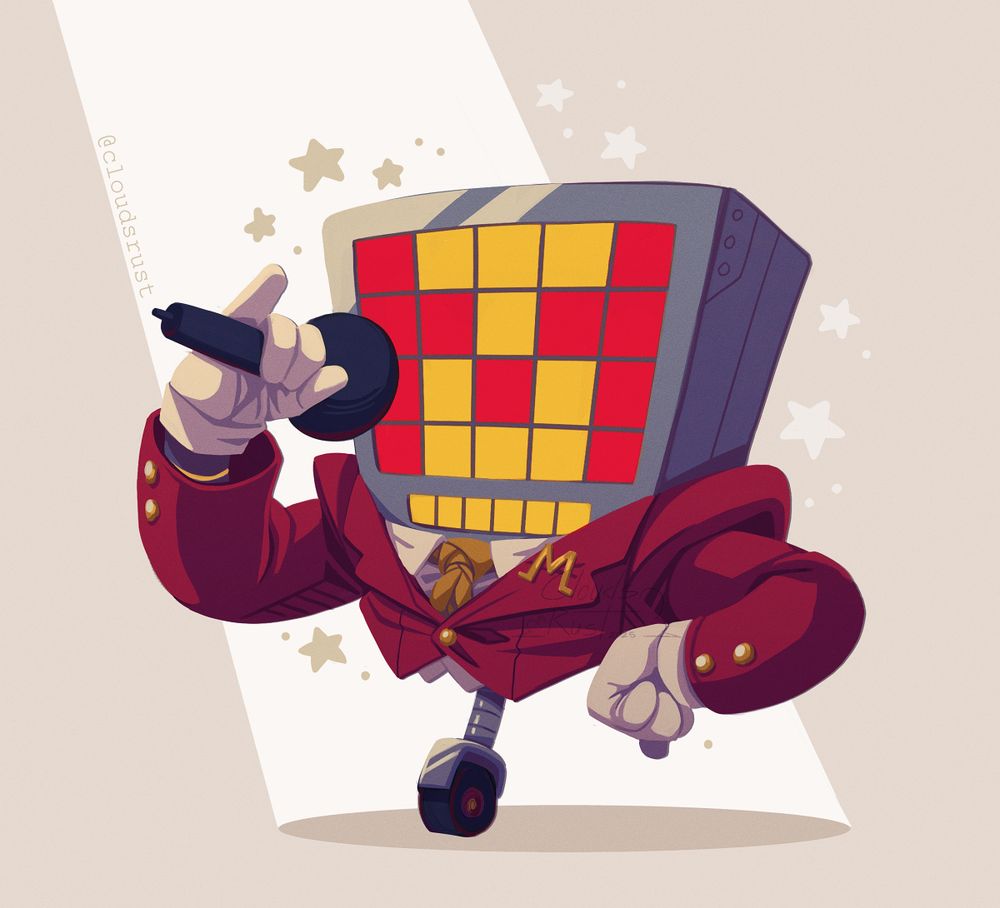 Mettaton from undertale in his red suit from the News section. He is holding a microphone to his face while the other is on his side. His screen is showing his signature M. He is under a light and stars are around him. 