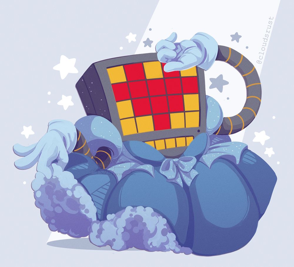 Mettaton from undertale posing in his extremely poofy, blue princess dress from the musical section. He is posing dramatically with a hand over his head while the other holds up part of the gown. His screen is showing a heart. He is under light and stars are around him. 