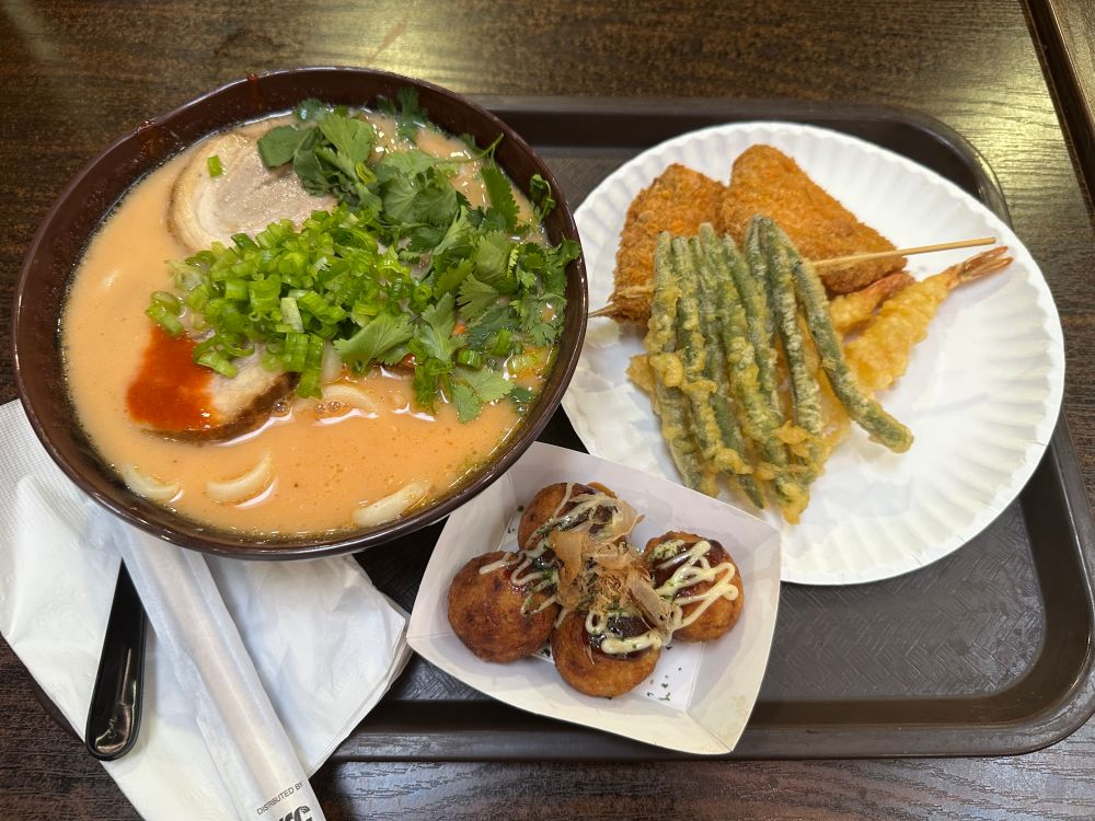 Spicy Tonkotsu Udon and takoyaki 
