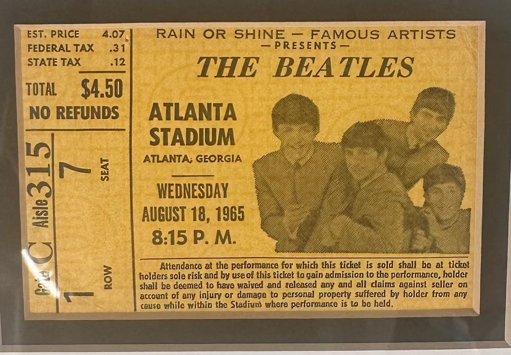 A concert ticket to see The Beatles at Atlanta Stadium, Wednesday August 18 1965, 8:15 pm. Ticket price is $4.58