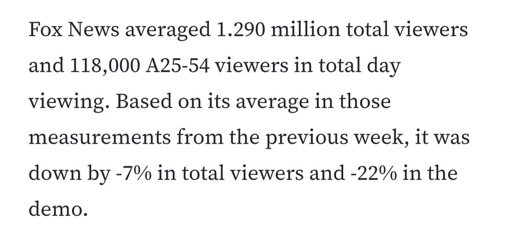 Screen grab showing Fox News attracted 1.290 million viewers a day, with 118,000 in the 25-54 demographic. 
