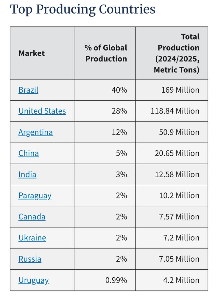 Chart showing top soybean producers, led by Brazil with 49%. 