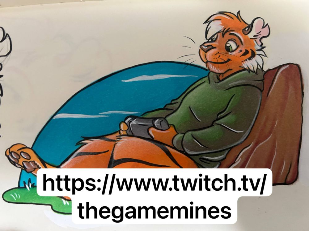 A tiger sitting and playing on a switch. He's in a green hoodie and has toony proportions. He's leaning against a rock and there's grass under him and a blue sky behind. He has white tipped bangs hanging in his face.