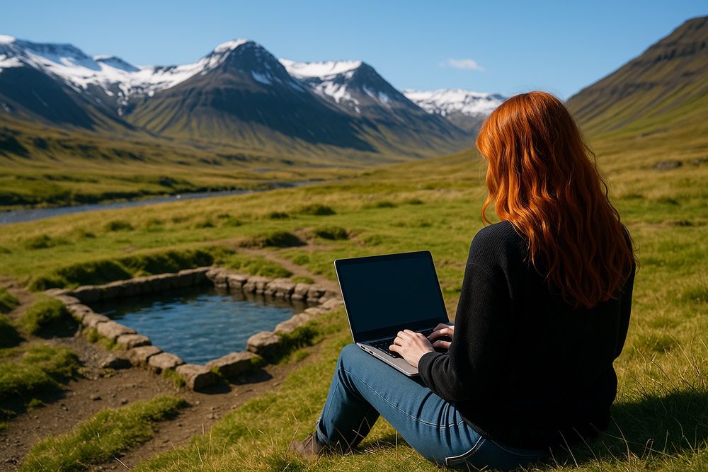 AI photo of me working in the Icelandic countryside, with mountains, river, and hot pot all nearby 