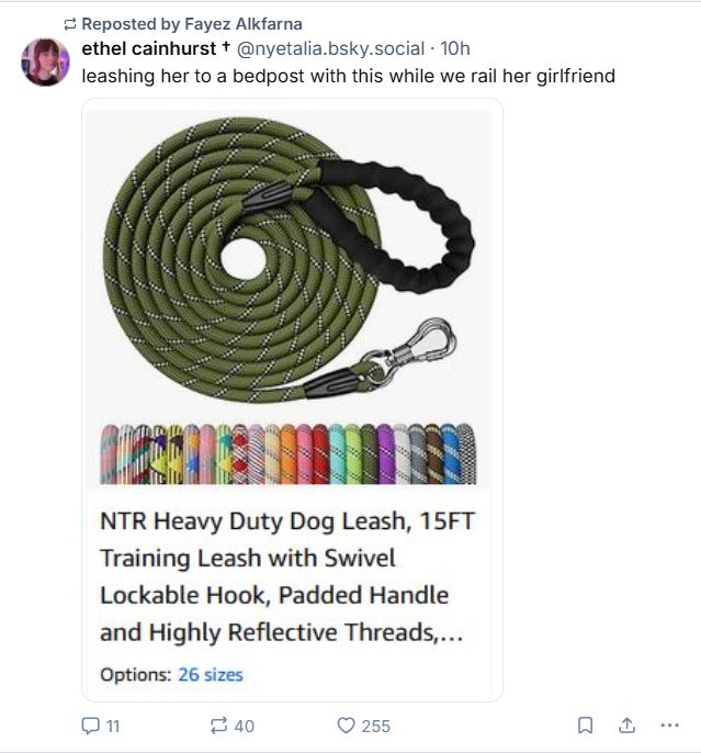 An ad for a dog leash, posted by someone with a note insinuating they're going to tie someone to a bed with this while they "rail her girlfriend". 
