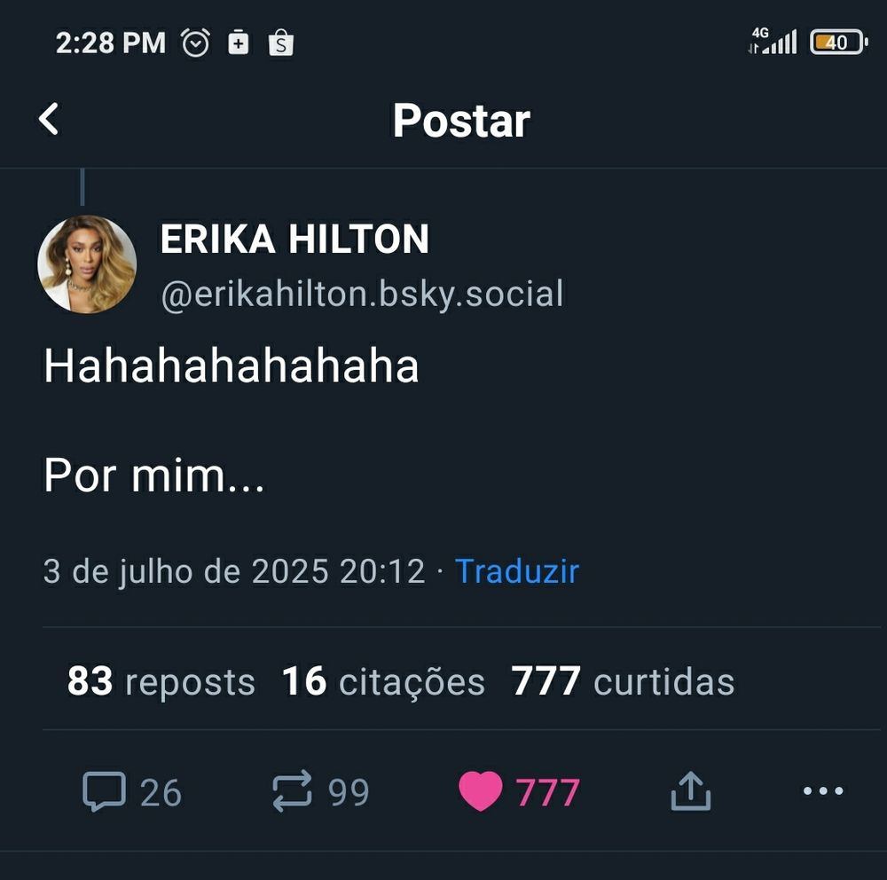 Print de um bluite da erika hilton escrito: 
Hahahahahahaha

Por mim...