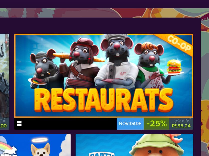print de jogo em promoção na steam, nome do jogo é restaurats, escrito com letras de queijo e quatro ratos cinzas no fundo e todos eles ´parecem participar da mafia, jogo co-op