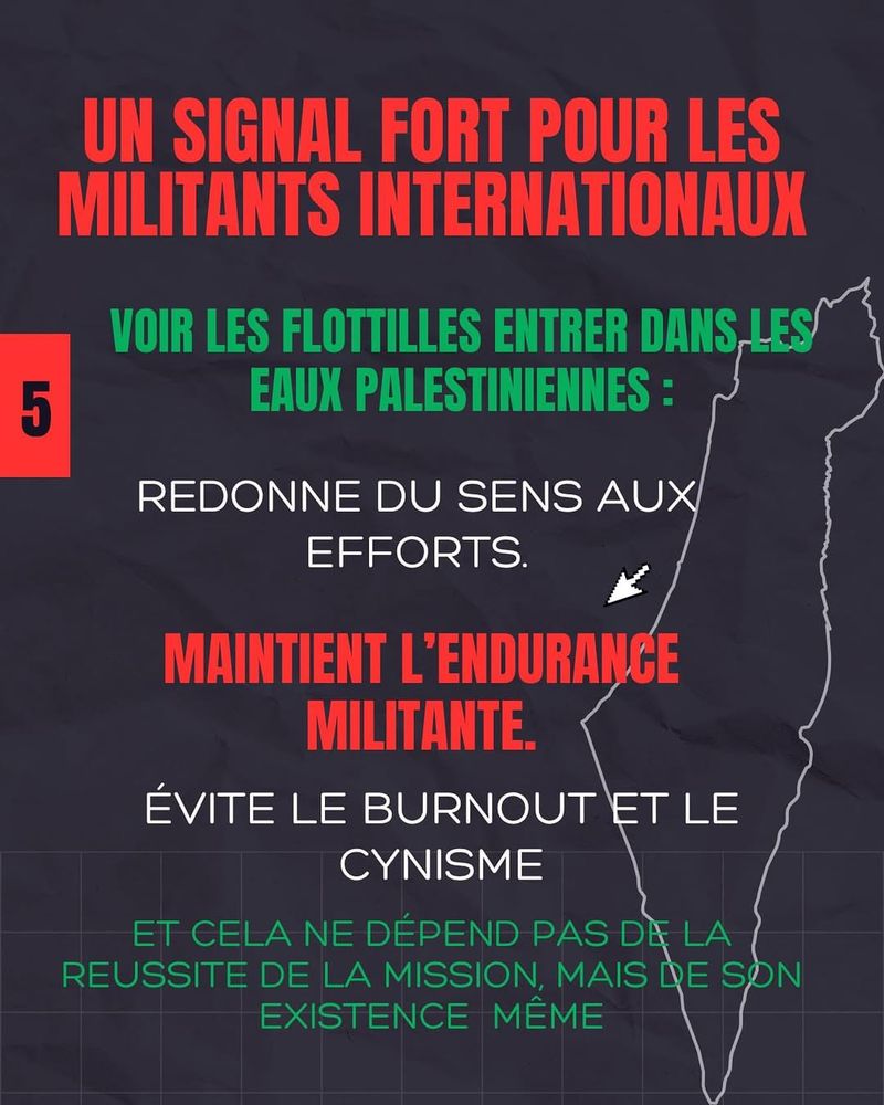 Texte : « UN SIGNAL FORT POUR LES MILITANTS INTERNATIONAUX
VOIR LES FLOTTILLES ENTRER DANS-LES
EAUX PALESTINIENNES :
REDONNE DU SENS AUX EFFORTS.
MAINTIENT L'ENDURANCE MILITANTE.
ÉVITE LE BURNOUT ET LE
CYNISME
ET CELA NE DÉPEND PAS DE LA REUSSITE DE LA MISSION, MAIS DE SON EXISTENCE MÊME »