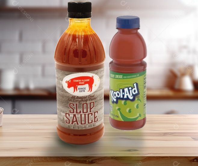 A bottle of Slop Sauce and a bottle of Kool-Aid, very poorly photoshopped onto the counter of a stock photo kitchen. 