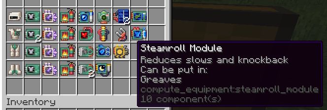 Minecraft screenshot of armor and modules. The hovered module reads:
"Steamroll Module
Reduces slows and knockback
Can be put in:
Greaves
compute_equipment:steamroll_module"