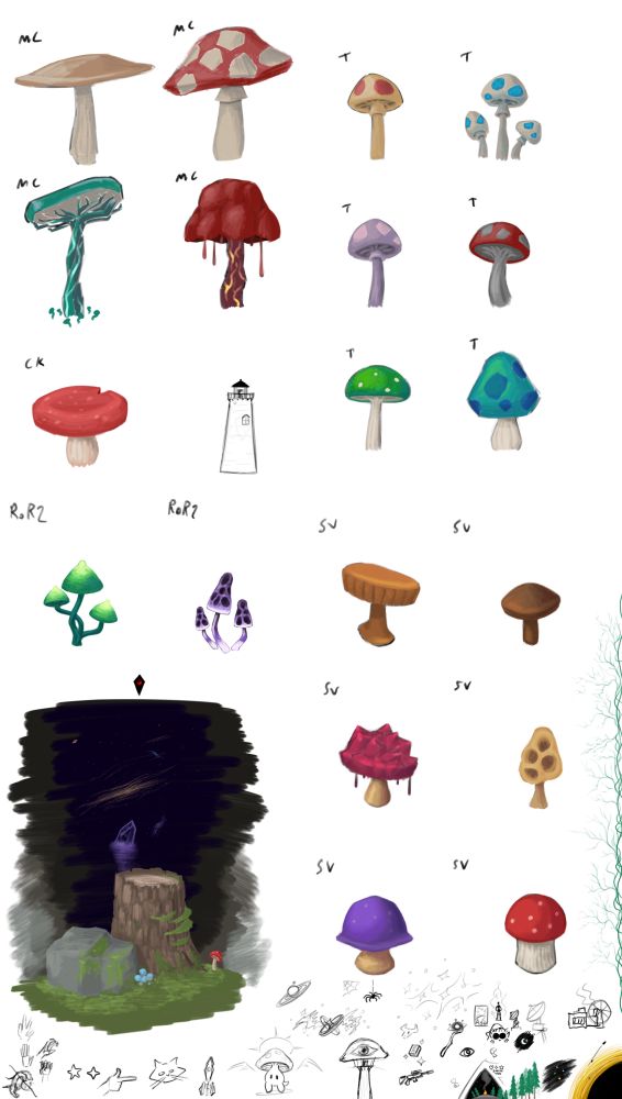 depicts 19 mushrooms from various games:
Minecraft, Terraria, Core Keeper, Stardew Valley, Risk of Rain 2
The bottom left is an illustration of a mossy stone and stump, and the backdrop is a black cave/sky (ambiguous) containing:
a glowing purple crystal with stars inside
a black hole
scattered stars
nebulae
a galaxy
The very bottom of the image has numerous varied doodles, including but not limited to:
a little mushroom guy with a halo and wings
a mushroom lighthouse with an eye
a campfire based on the Outer Wilds
ariral graffiti from Voices of the Void
an 'angel': a star with nebulous wings and 2 rings
a finger gun