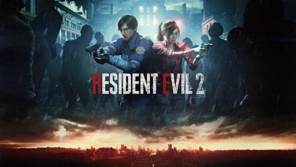 Imagen de Resident Evil 2 Remake con Leon y Claire rodeados de zombies y Racoon City en la parte de abajo de la imagen.