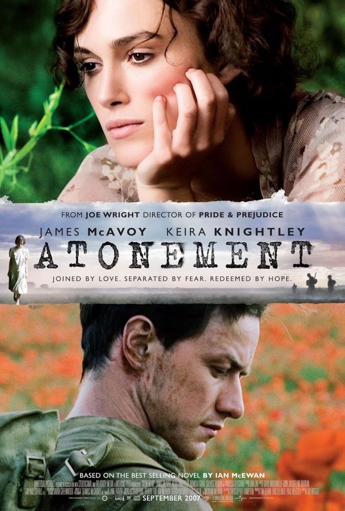 Cartel de la película Atonement con los retratos de los dos protagonistas separados.