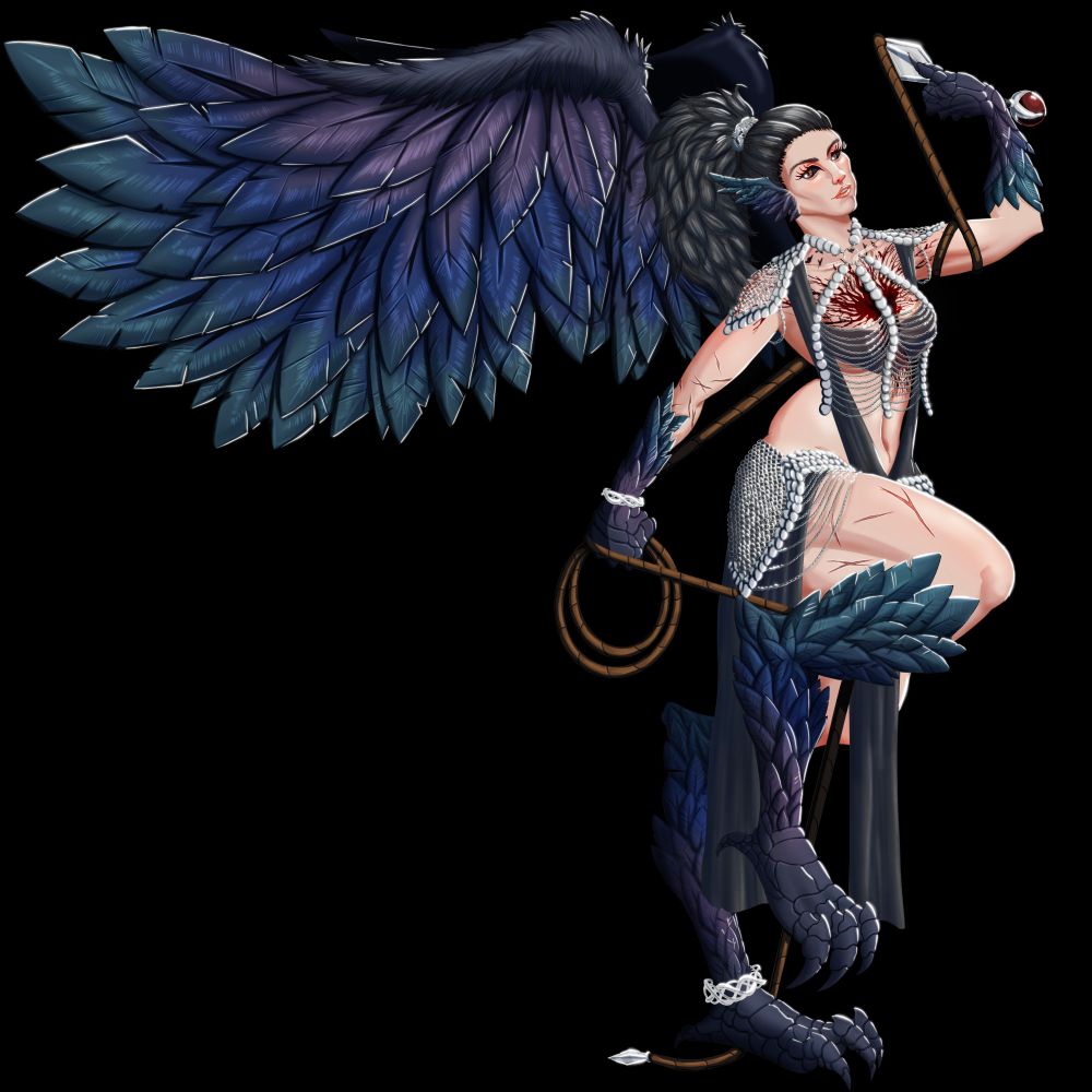 A raven themed harpy, wings outstretched, wearing very little in the way of clothing or armor. She has scars on exposed skin, and a big red tattoo of a tree on her chest that almost resembles veins. She wild a whip that that's twisted around her body