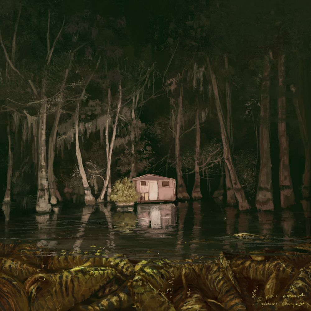 a mass of striped mosasaurs swirl and clamber over one another unseen under the undisturbed surface of a swamp with an abandoned house among towering trees