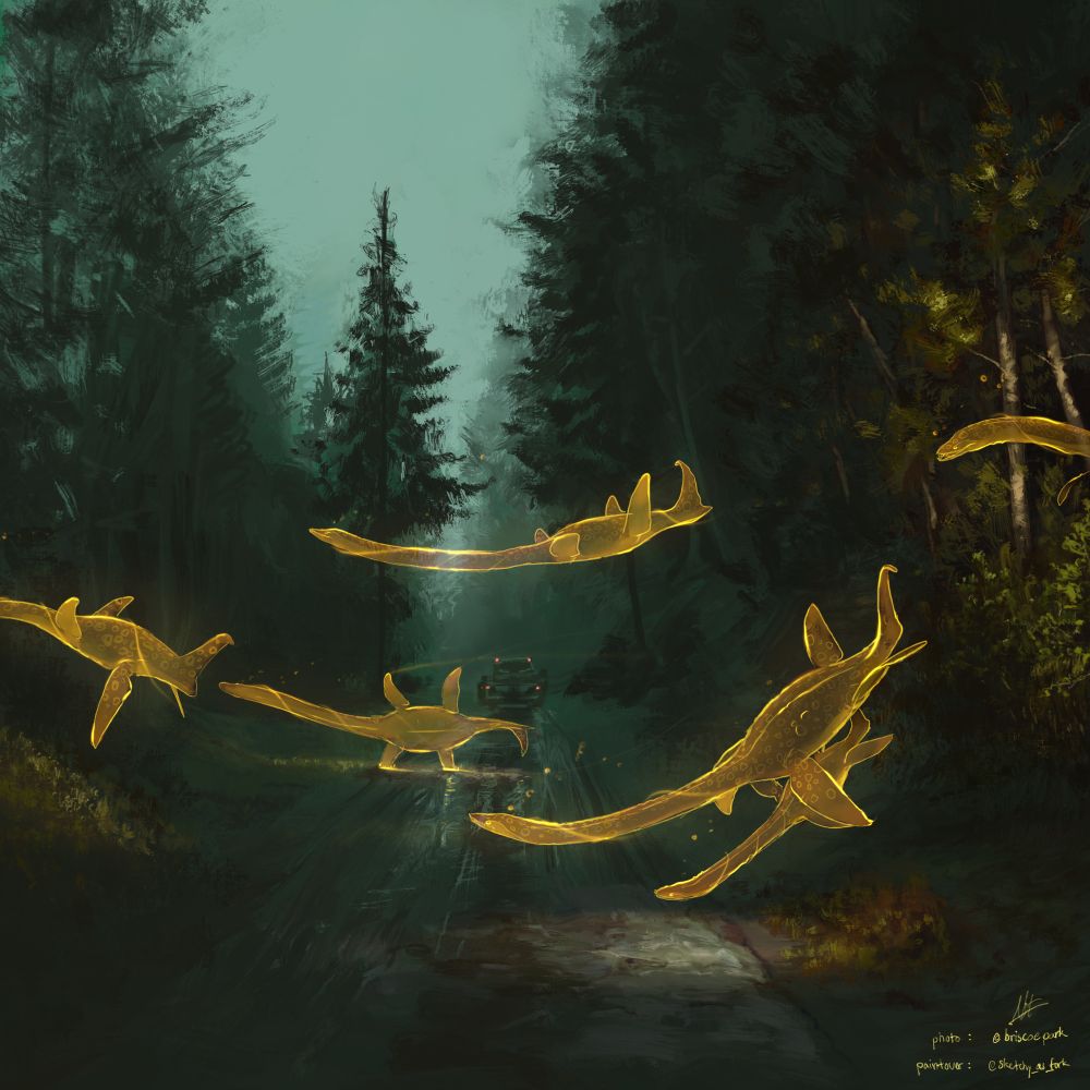 a procession of glowing golden plesiosaurs drift across a road through a conifer forest