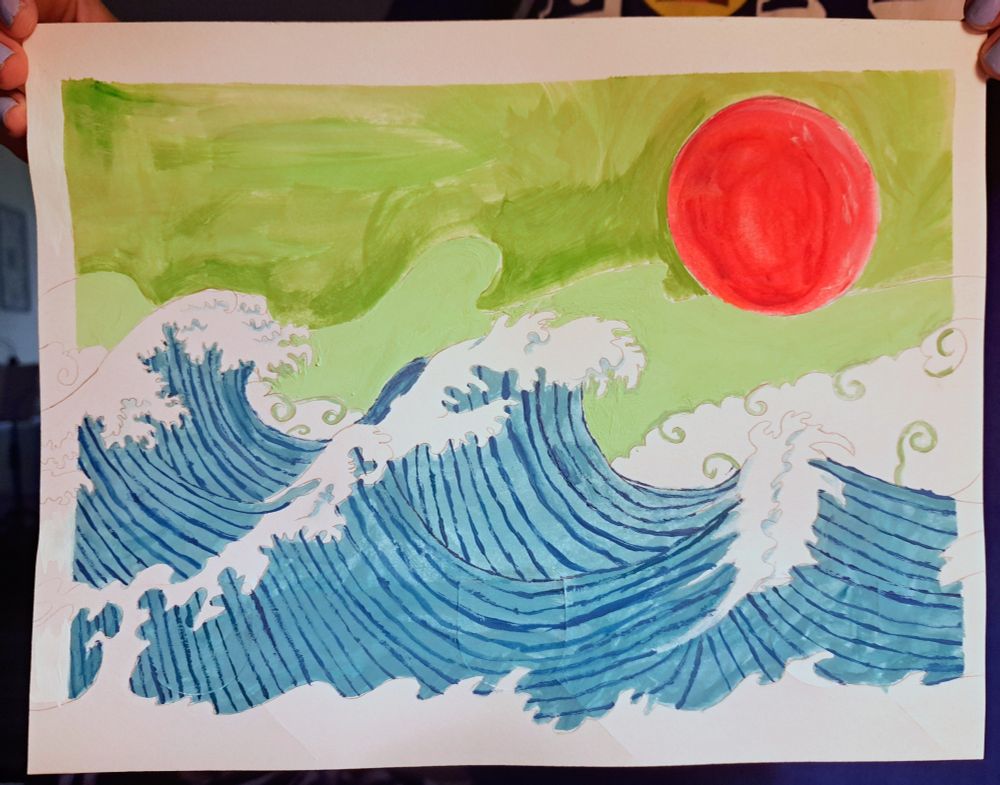 A roughly 8.5x11 painting of waves. The sky background is made up of a variety of greens with a vibrant orange sun. The white-capped waves are in a Japanese art style (I believe) made up of blues.