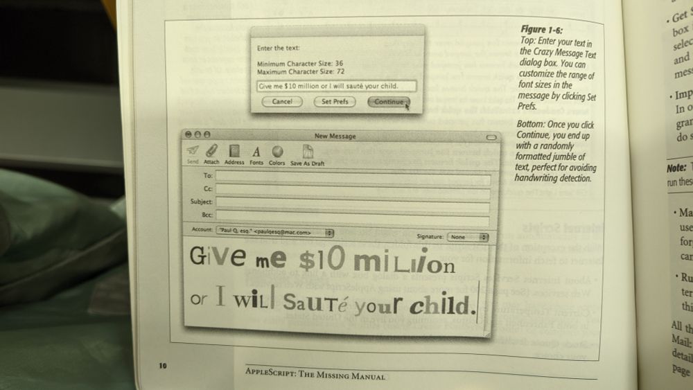 applescript textbook example showing a generated ransom note that says "give me $10 million or I will sauté your child"
