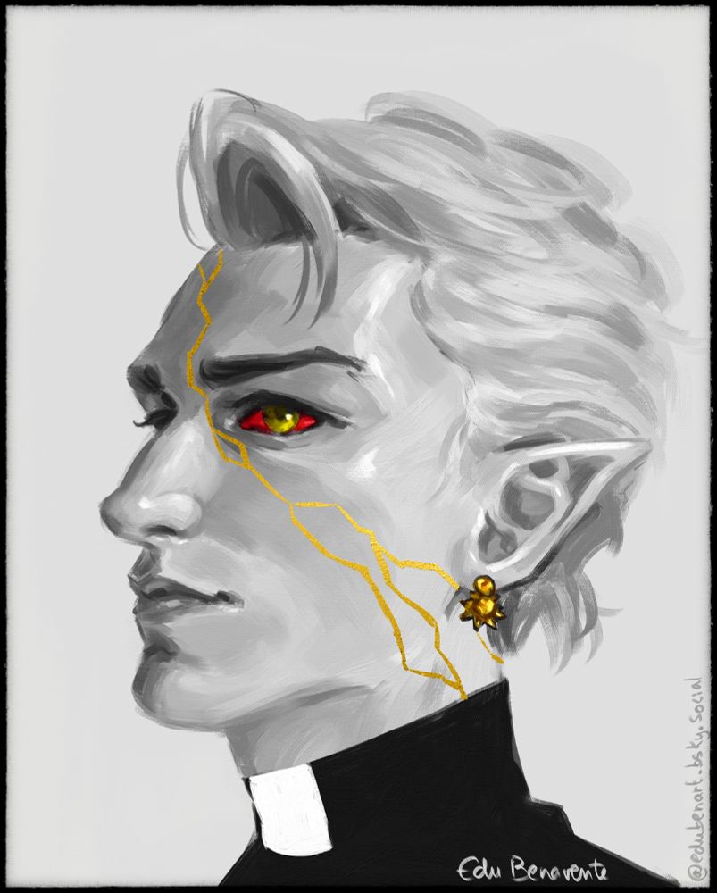Oil-style B&W portrait of a man in profile with golden eyes and red sclera, golden pendants on his pointy ears and a golden crack crossing his face diagonally
