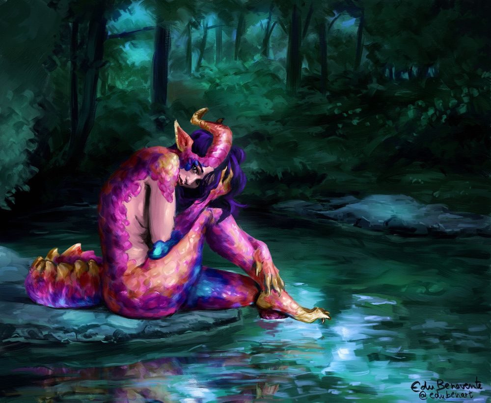 Figure sitting in a seductive pose on a rock next to a pond, with one of their legs submerged. Their skin is partially covered by scales in many parts of their body, with the colors of a sunset (blues, purples, pinks, oranges and yellows), with big pointy ears and horns, and purple-ish long hair. The pond is in a forest with a dark ambiance as if lit by the moon, with the water’s surface reflecting the character’s image.