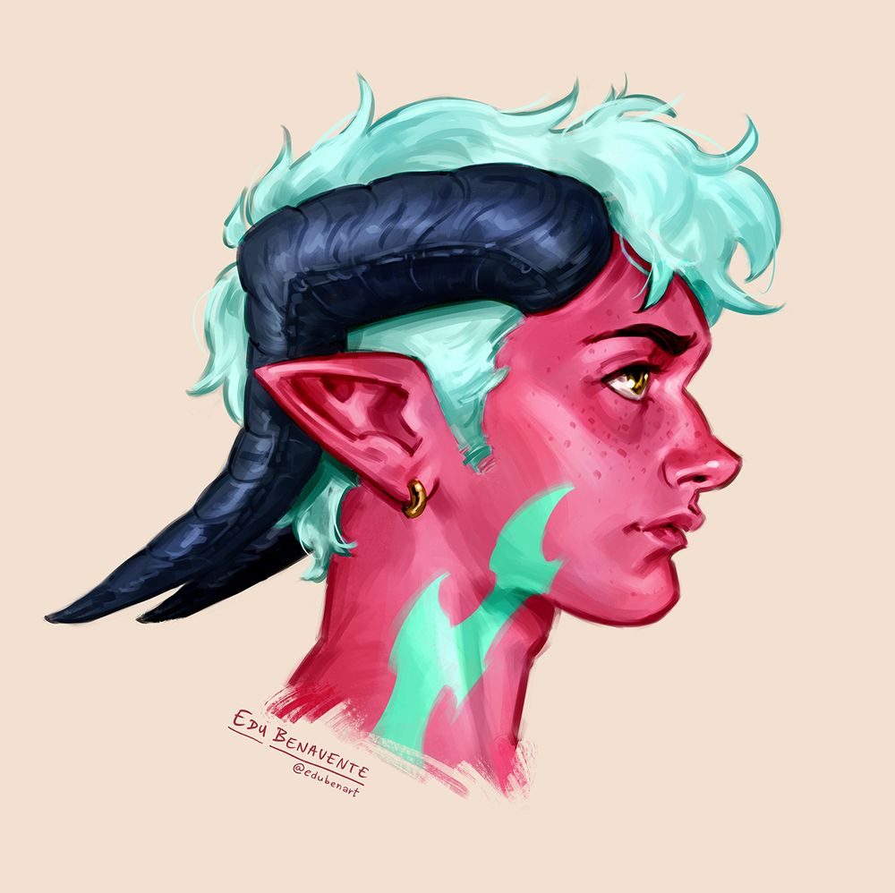 Portrait of a side view of my ttrpg OC Theo, a tiefling artist bard, with pink skin, pale green hair, blue horns and a green scar in his neck and cheek