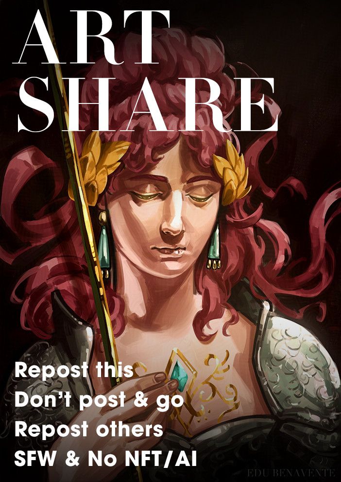Art share cover, with an image of some sort of goddess with flowy auburn hair, decorative golden leaves in her hair, wearing silver armor and holding a golden spear