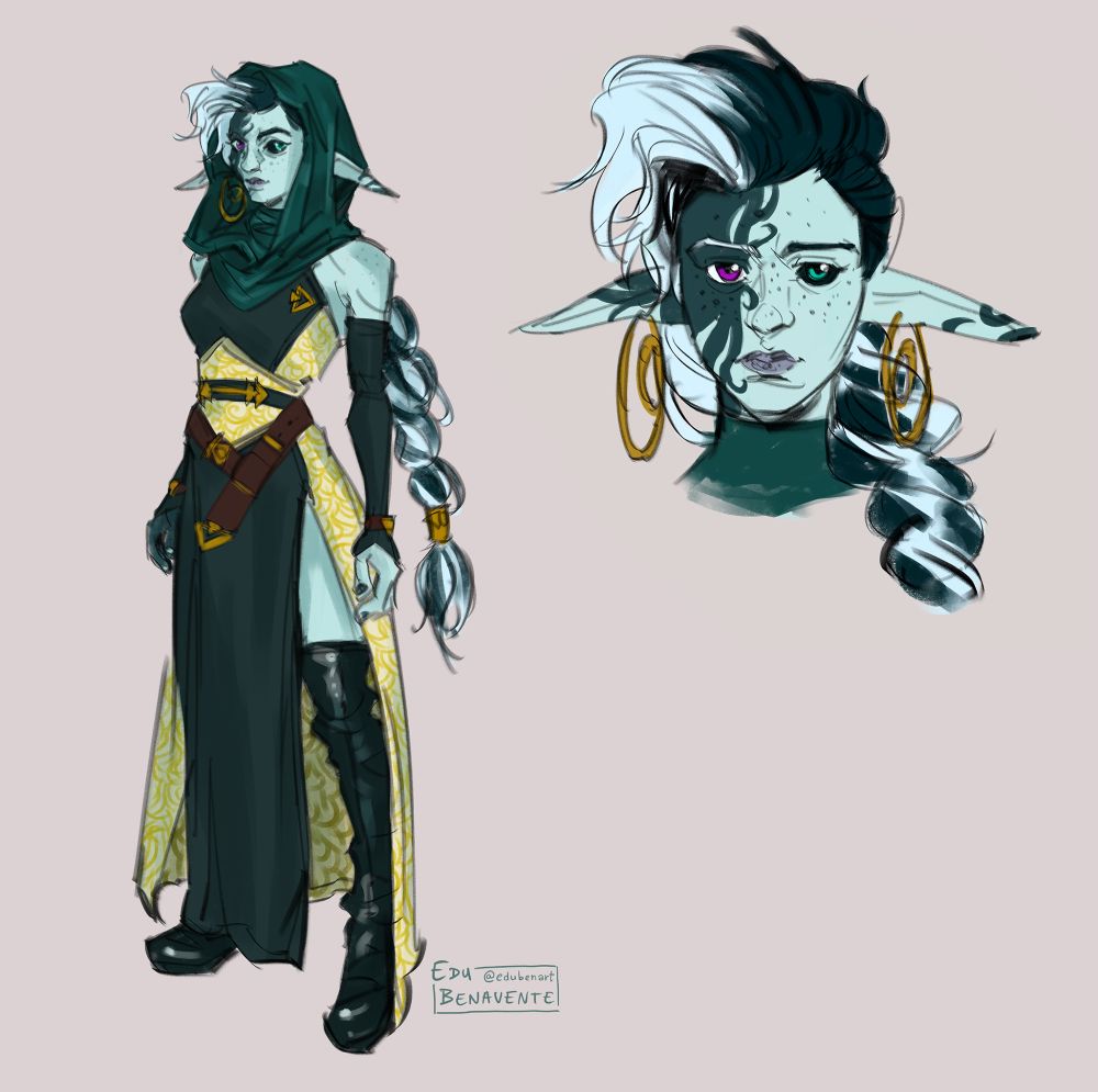 Full body sketch of a woman standing with half her body with very pale almost white skin, and the other half dark, almost black, while her hair is black and white in an inverted pattern, tied in a very long braid. She has very long pointy ears with big golden earrings. She's wearing a hood covering her head. On the right, a frontal portrait of her without the hood