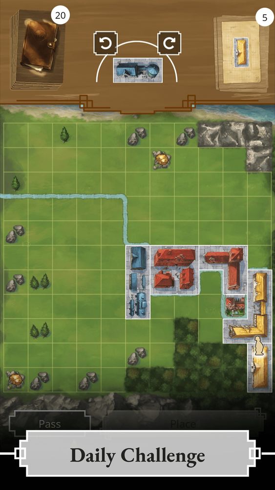 Image of the My City game screen showing a deck and discard pile at the top and a piece to play with rotate handles. The map looks different than standard My City maps with the river dividing the map from left to right instead of top to bottom. There are 6 building tiles on the map. 

A tagline at the bottom says "Daily Challenge"
